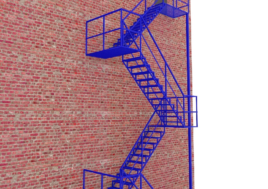 Фото товара Эвакуационная многомаршевая лестница из профильной трубы и вытяжного листа с ограждениями, с площадками