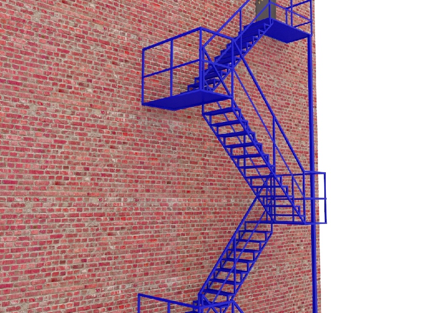 Фото товара Эвакуационная многомаршевая лестница из профильной трубы и металлической пластины с ограждениями, с площадками