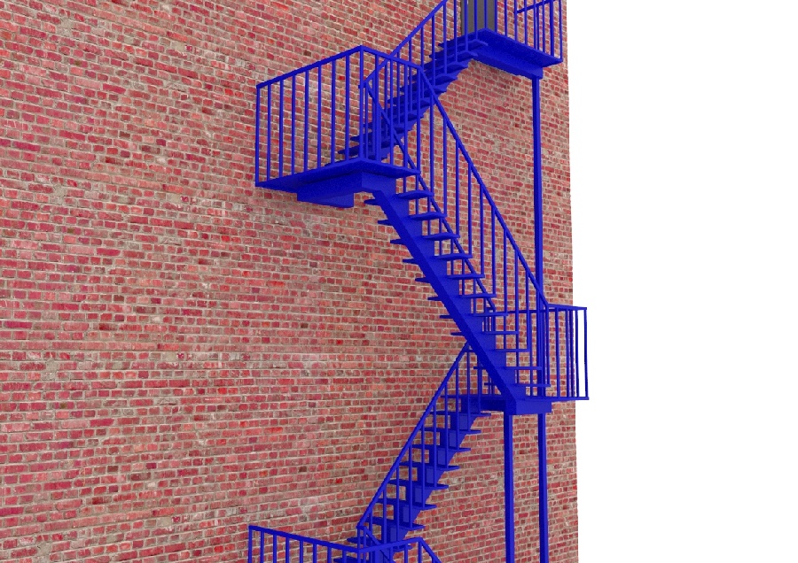 Фото товара Эвакуационная многомаршевая лестница на монокосоуре с металлической пластиной с ограждениями, с площадками