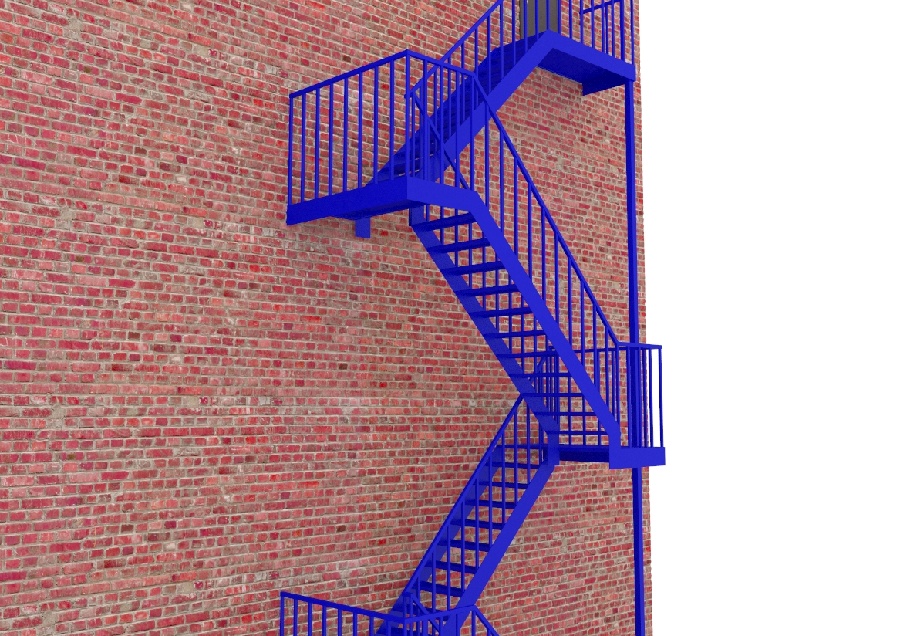 Фото товара Пожарная многомаршевая лестница на ломанном косоуре и с вытяжным листом с ограждениями, с площадками