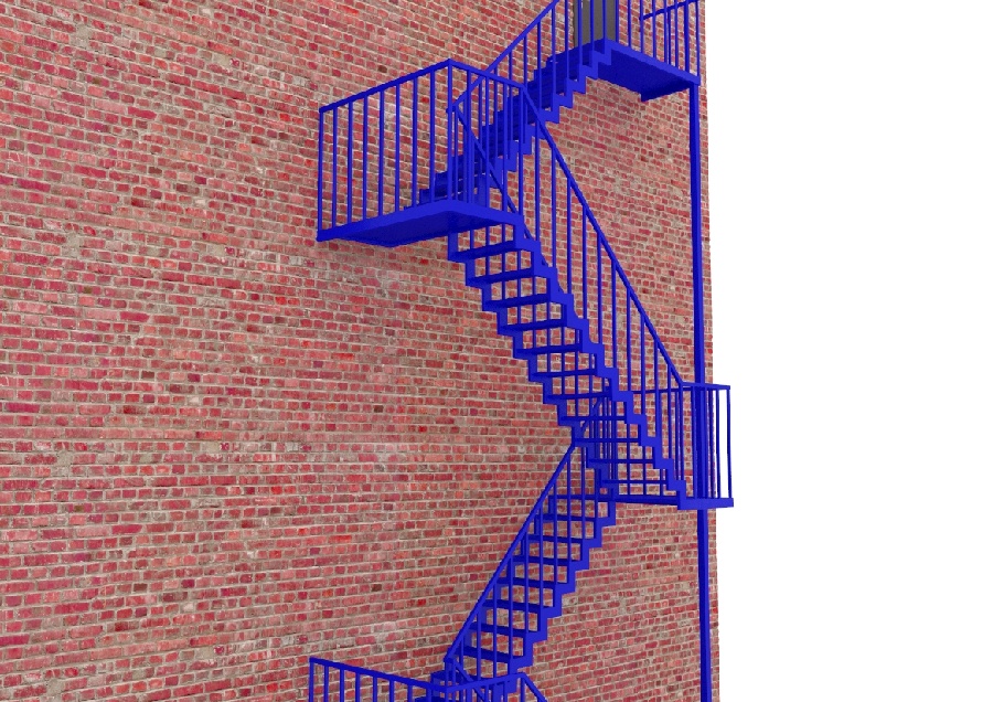 Фото товара Эвакуационная многомаршевая лестница на ломанном косоуре с металлической пластиной с ограждениями, с площадками